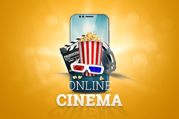 Cinema, attributi del cinema, cinema, film, visione online, popcorn e bicchieri.