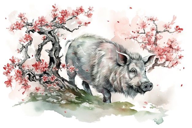 Cinghiale con fiori di ciliegio rosa in antico stile cinese Animali selvatici Natura Illustrazione