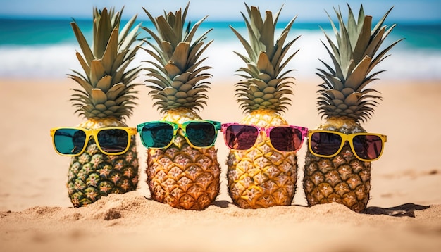 Cinque ananas che indossano occhiali da sole su una spiaggia