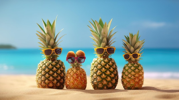 Cinque ananas che indossano occhiali da sole su una spiaggia