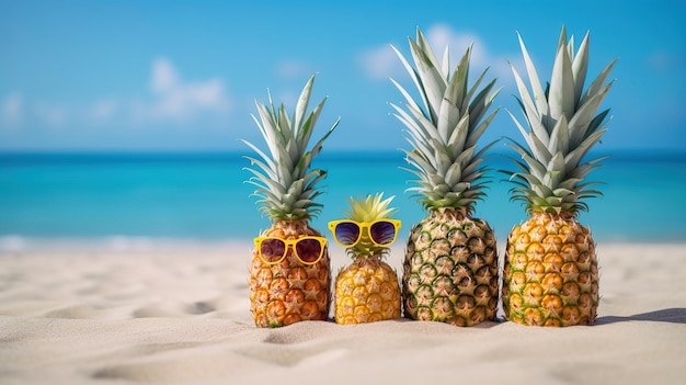 Cinque ananas in occhiali da sole su una spiaggia