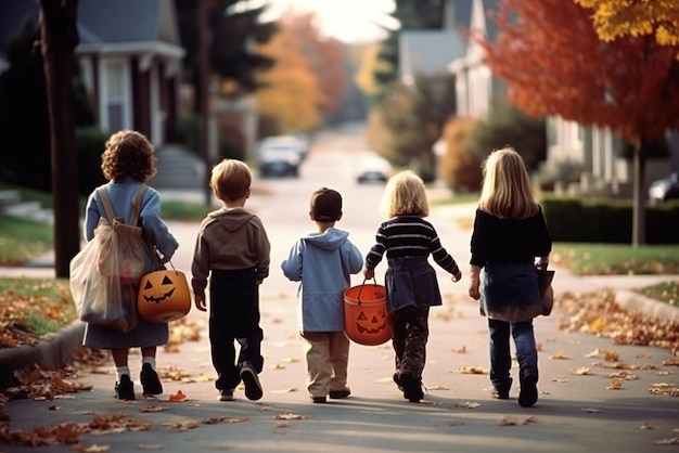 Cinque bambini con zucca che raccolgono dolci Tema di Halloween Generato con l'intelligenza artificiale