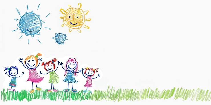 Foto cinque bambini in piedi in un campo di erba con il sole che splende sopra di loro ai generativa