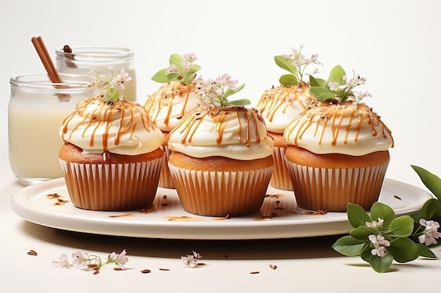 Cinque cupcake marroni in rivestimenti con decorazioni al caramello a panna montata foglie verdi con piccoli fiori bianchi in piedi su un piatto bianco sullo sfondo candele di cannella spazio di copia