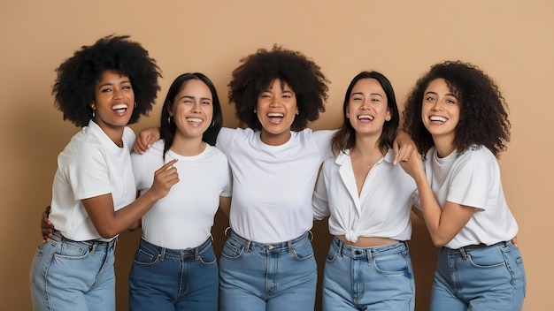 Cinque donne di diverse età che indossano camicie bianche e jeans si divertono sullo sfondo beige