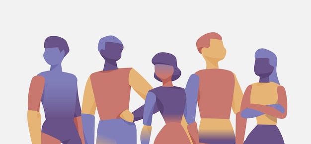 Cinque figure umane in piedi insieme che simboleggiano l'unità, il lavoro di squadra e la collaborazione
