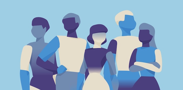 Cinque figure umane in piedi insieme che simboleggiano l'unità, il lavoro di squadra e la collaborazione