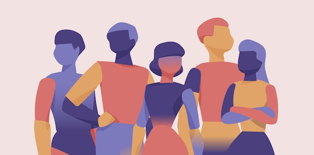 Cinque figure umane in piedi insieme che simboleggiano l'unità, il lavoro di squadra e la collaborazione