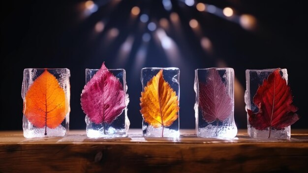 Cinque foglie d'autunno di diversi colori congelate in cubetti di ghiaccio su un tavolo di legno