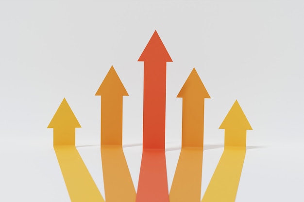 Cinque frecce arancioni e rosse della stessa iniziano a salire. Grafico finanziario astratto con il grafico delle frecce di linea sparsi e salire isolato su priorità bassa bianca. Concetto di successo aziendale. rendering 3d