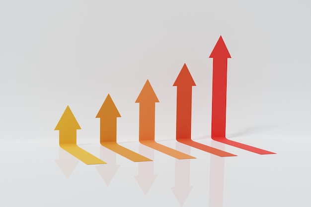 Cinque frecce aumentano il passo verso l'alto. Il grafico finanziario astratto con il grafico delle frecce della linea di tendenza rialzista va su isolato su fondo bianco. rendering 3d