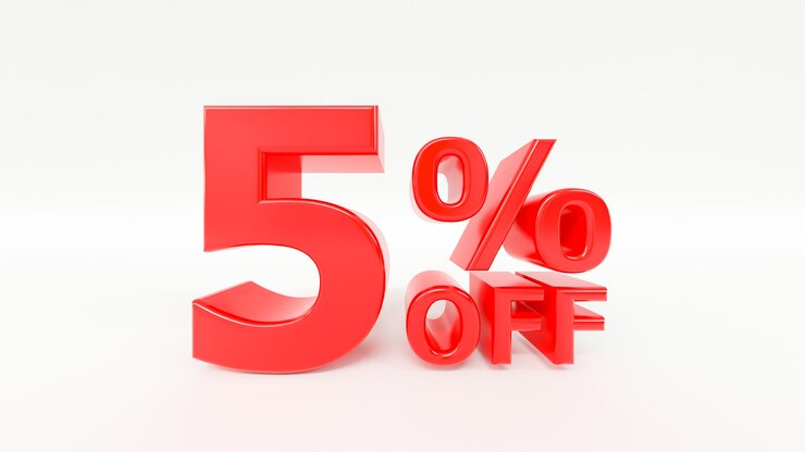 Cinque percento di sconto sul testo 3d su sfondo bianco