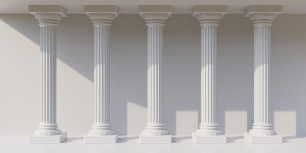 Cinque pilastri in marmo bianco Colonna del ritmo dorico in fila su sfondo bianco vuoto copia spazio 3d rendering
