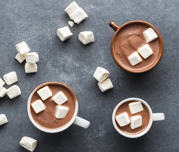 cioccolata calda con marshmallow e marshmallow su sfondo grigio vista dall'alto piatto