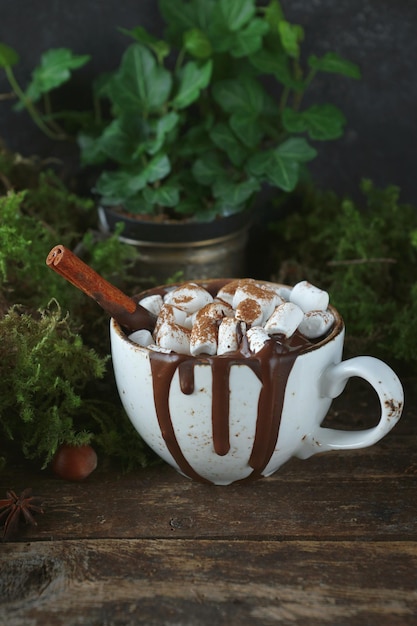 Cioccolata calda di Natale in una tazza bianca con marshmallow e gocce di cioccolato su tavola di legno naturale, sfondo di pietra verde e nera, messa a fuoco selettiva