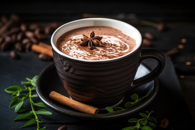 Cioccolata calda fatta in casa alla menta in un'accogliente tazza nera Una bevanda calda e festosa per l'autunno