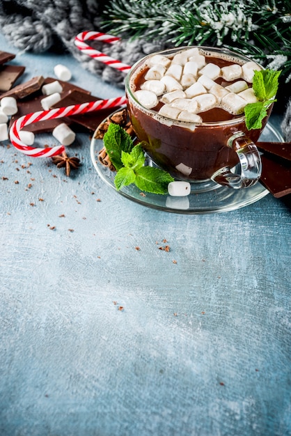 Cioccolata calda fatta in casa con menta, bastoncino di zucchero e marshmallow