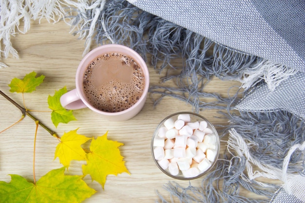 Cioccolata calda o cioccolata calda con marshmallow su vecchie tavole di legno