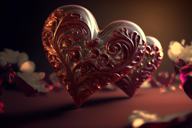 Cioccolatini a forma di cuore sullo sfondo delle luci festive San Valentino IA generativa