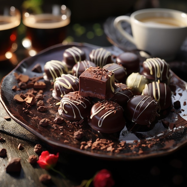 Cioccolatini appetitosi su un bel piatto con una tazza di caffè macrofotografia