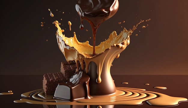 Cioccolatini che cadono nel cioccolato al cacao liquido Generative AI