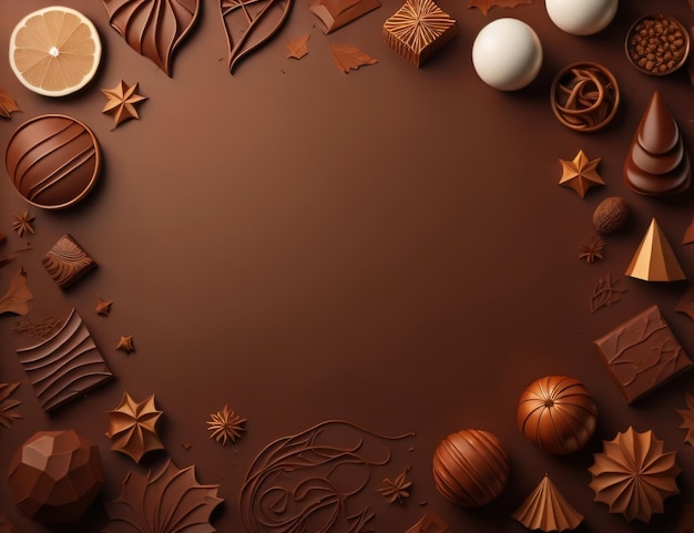 Cioccolatini su sfondo marrone con la scritta cioccolato in alto a destra
