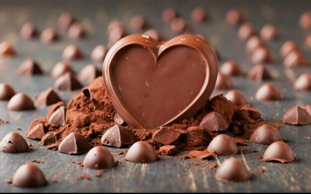 Cioccolato a forma di cuore con pezzi di cioccolato sullo sfondo