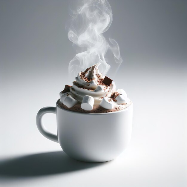 Cioccolato caldo in tazza con panna e marshmallow