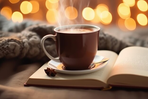 Cioccolato caldo in tazza su libro con luci bokehxA