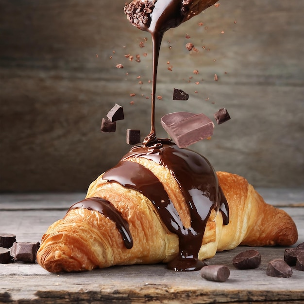 Cioccolato che cade su un croissant fresco cotto su un tavolo di legno