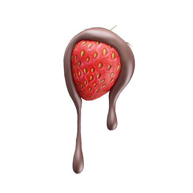 Cioccolato che versa sulla fragola su fondo bianco