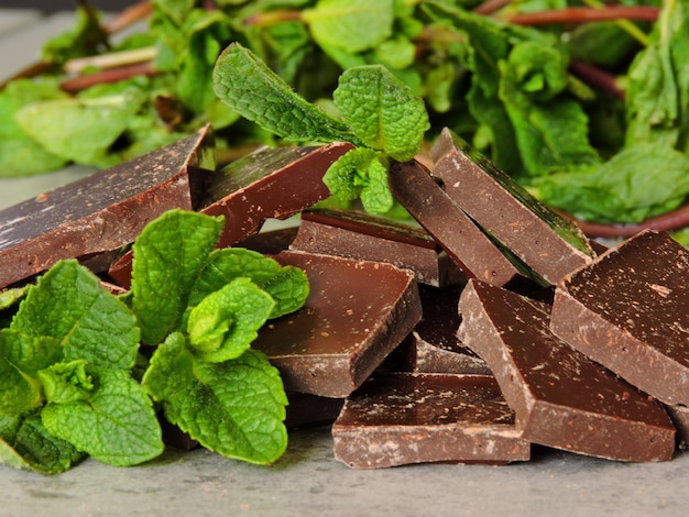 Cioccolato fondente tritato e foglie di menta fresca