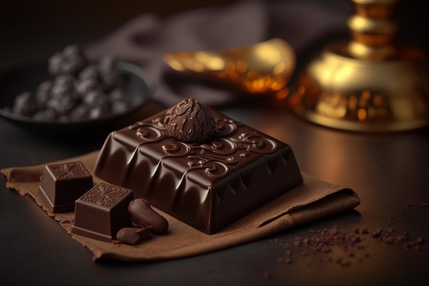 Cioccolato fondente Una grande tavoletta di cioccolato sul tavolo Illustrazione per il giorno del cioccolato