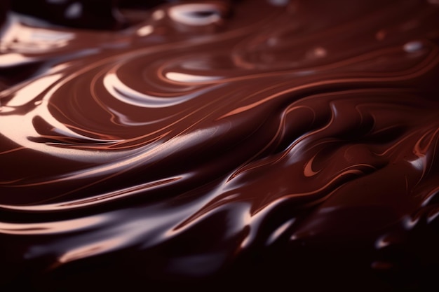 Cioccolato fuso liquido marrone morbido texture sfondo Primo piano vista ad angolo basso messa a fuoco selettiva IA generativa