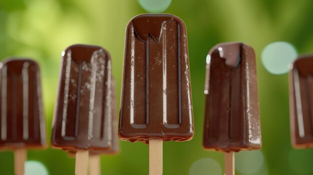 cioccolato popsicle focalizzato su uno al centro contro lo sfondo verde