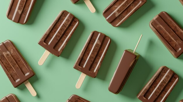 cioccolato popsicle focalizzato su uno al centro contro lo sfondo verde