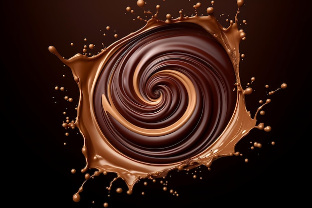 Cioccolato rotondo vortice spruzzo e gocce isolate sullo sfondo