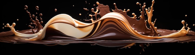 Cioccolato scuro e al latte schizzano in aria su uno sfondo scuro che illustra la bellezza e la fluidità del cioccolato liquido Ideale per l'arte culinaria e i temi della Giornata Mondiale del Cioccolato AI generativa