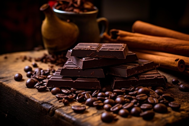 Cioccolato scuro e chicchi di caffè sulla tavola