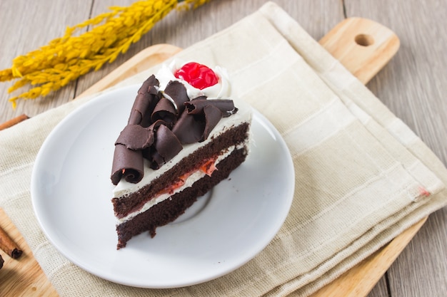 cioccolato sulla torta pezzo sul piatto bianco