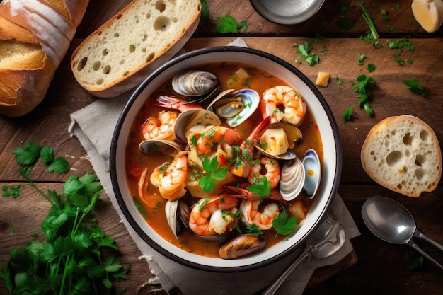 Cioppino pronto da mangiare nel piatto fotografia professionale di cibo pubblicitario