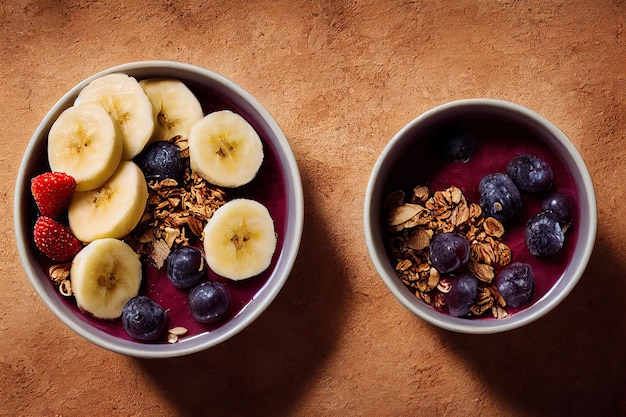 Ciotola Açaí con muesli, frutti tropicali, banana, fragola, lampone, latte condensato e cereali. Messa a fuoco selettiva. Avvicinamento.