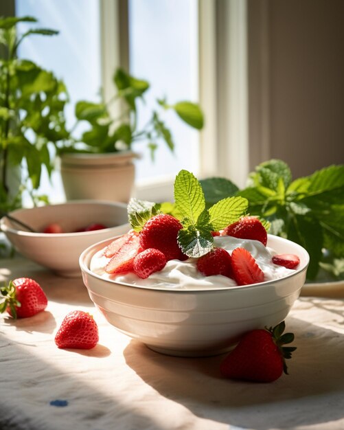 Ciotola bianca con fragole e crema