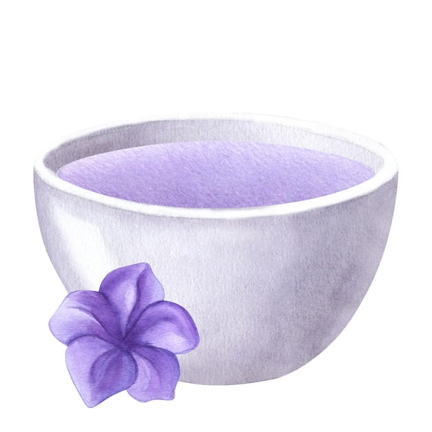 Ciotola bianca con olio d'acqua viola lavanda liquida Bagno termale aromaterapico Disegnare a mano l'illustrazione dell'acquerello isolata su sfondo bianco