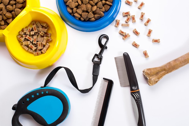 Ciotola blu del collare con i pettini e le spazzole della delicatezza del guinzaglio dell'alimentazione per i cani isolati su fondo bianco