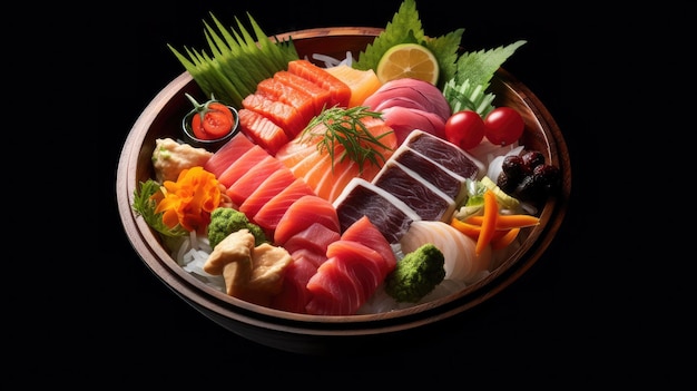 ciotola chirashi un miscuglio di pezzi di sashimi disposti ad arte su riso sushi condito