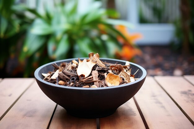 Ciotola con cocco vicino alle piante d'appartamento