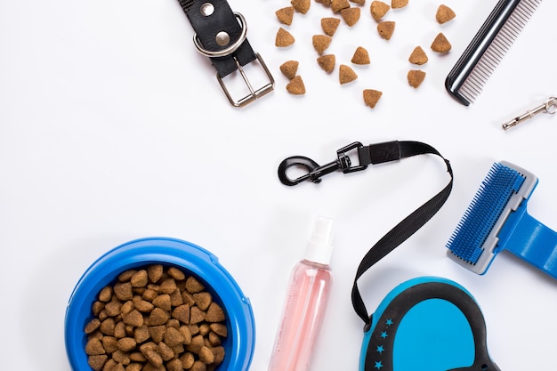 Ciotola con collare con pettini e spazzole delicatezza per guinzaglio per cani isolati su sfondo bianco