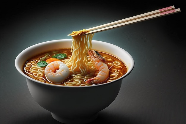 Ciotola con deliziosa e calda noodle asiatici e zuppa di gamberi Ai generato