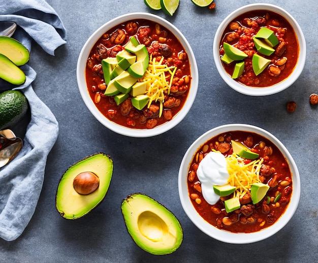 Ciotola con delizioso pollo e chili con carne su fondo di legno rustico scuro